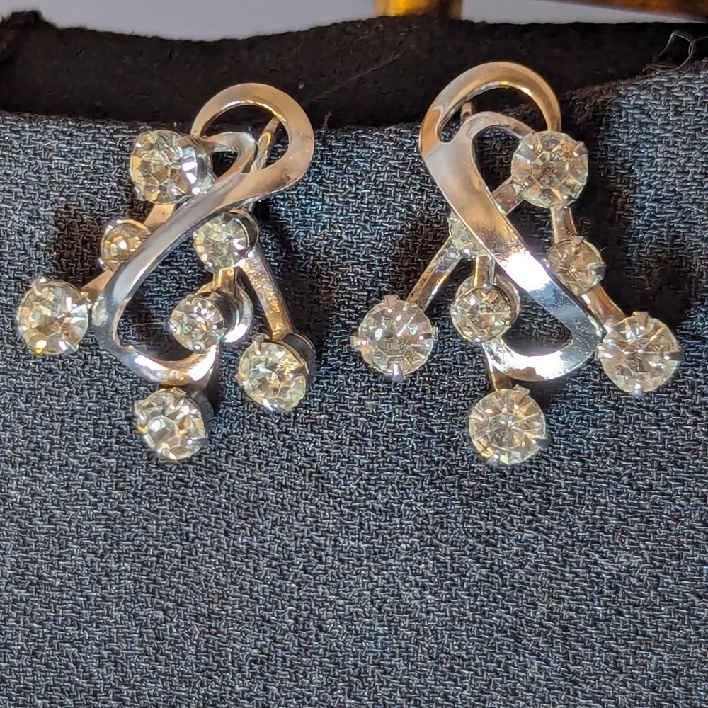 Vintage Rhodium Rhinestone Atomic Burst Silver Tone Clasp earrings